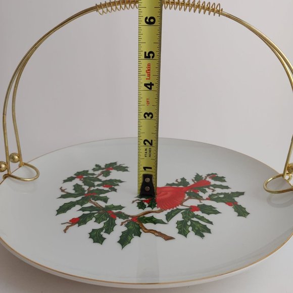 Vintage Lefton China Cardinal Serving Plate Removable Brass Handle Christmas - Picture 6 of 7